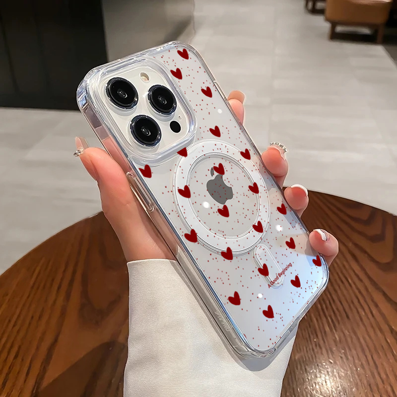 Phone Cases With Magsafe - غطاء سيليكون شفاف بتصميم قلب أحمر