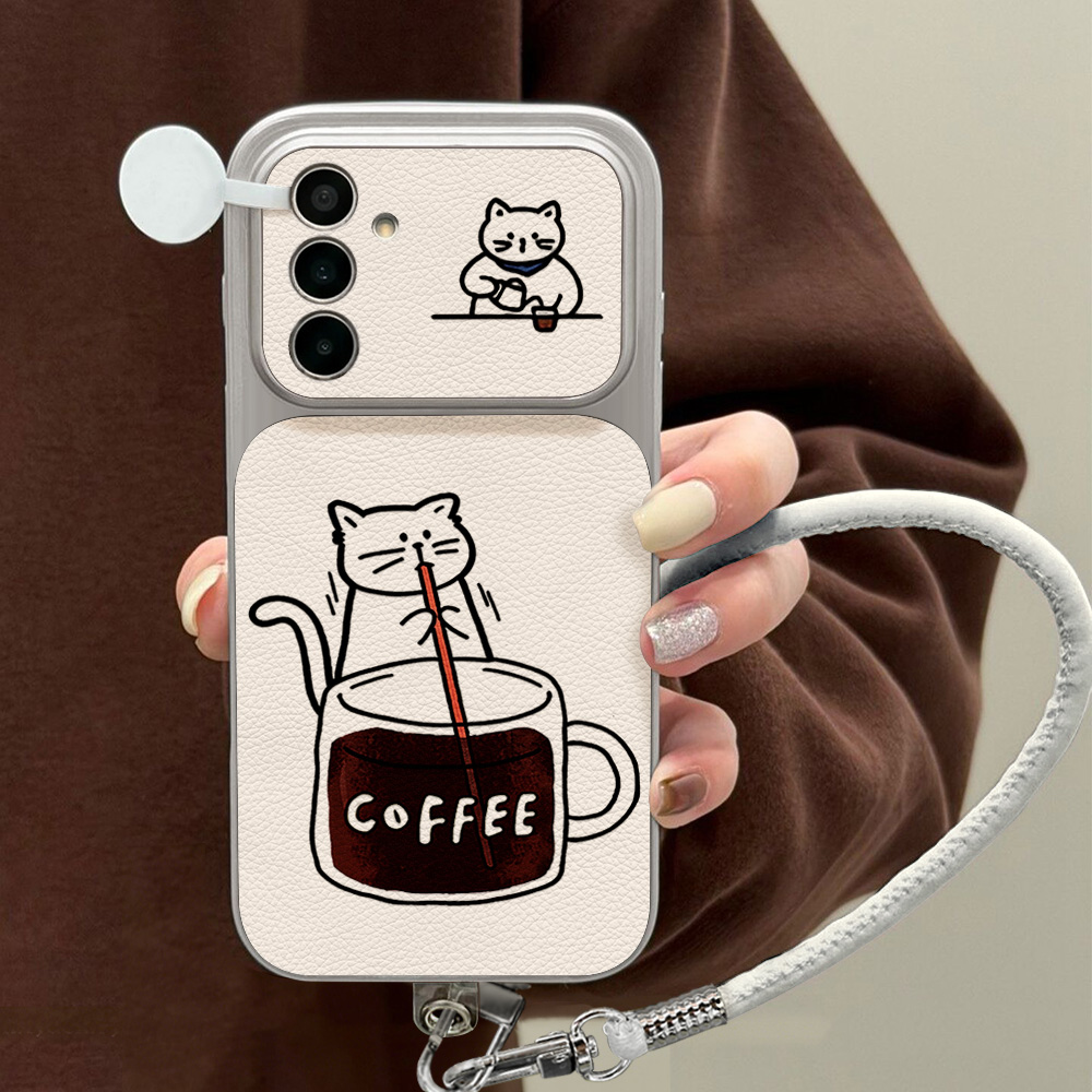 Phone Cases Samsung A14 - جراب هاتف بتصميم قطة لطيفة وقهوة