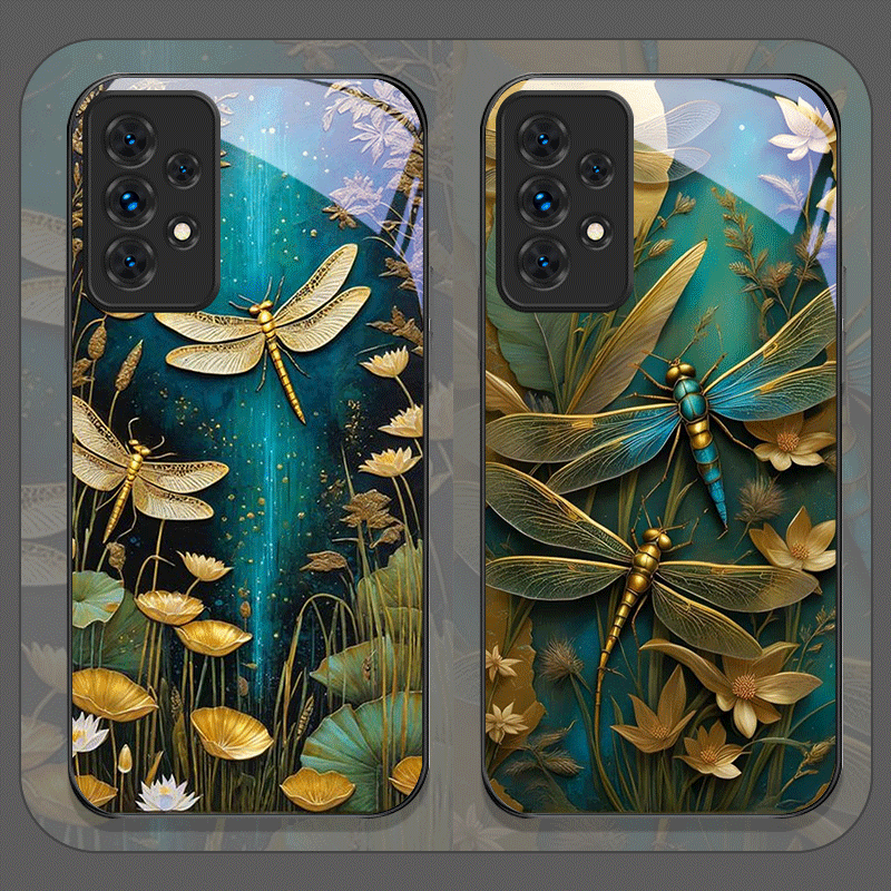 Phone Cases Samsung A14 - زهرة الذهبي اليعسوب الزجاج المقسى قضية