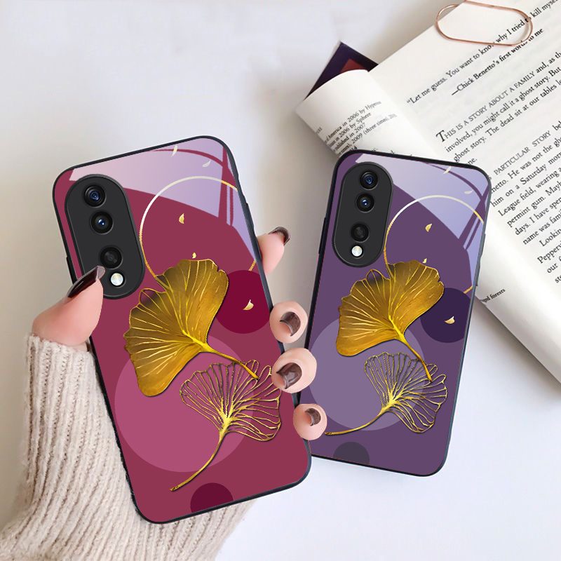 Phone Cases Yellow - جراب هاتف زجاجي أسود بتصميم أوراق