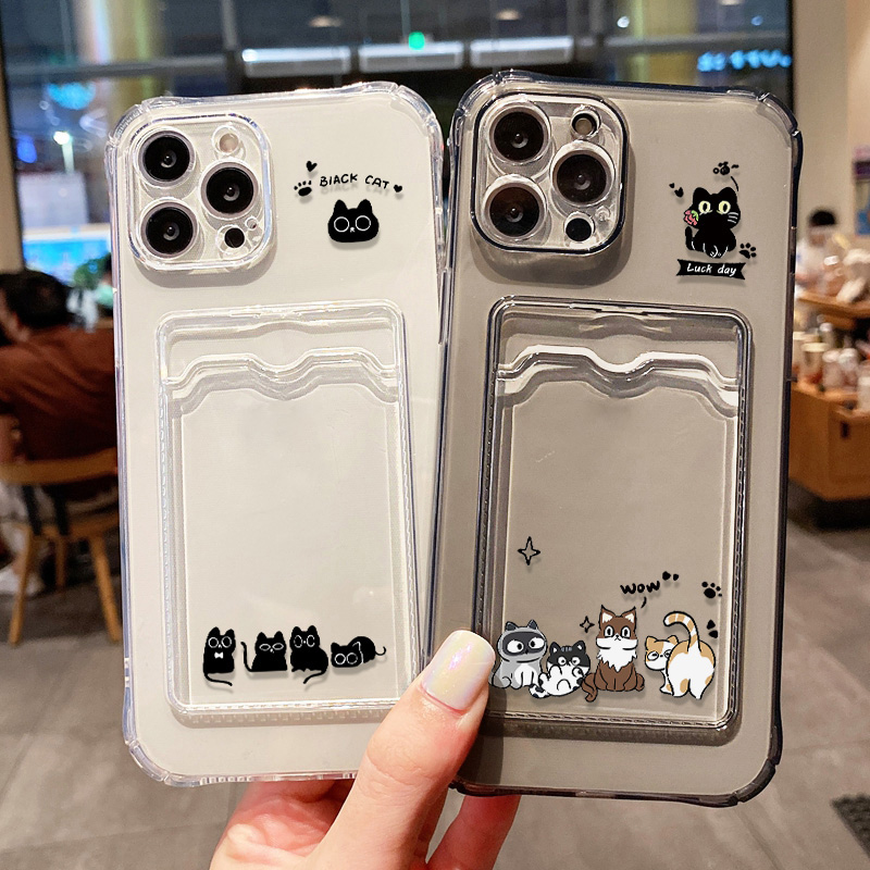 Phone Cases With Card Holder - لطيف القطة السوداء جراب هاتف آيفون