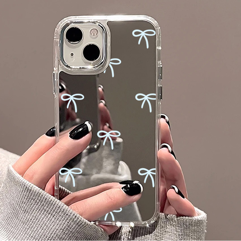 Phone Cases Blue - غطاء هاتف بمرآة وفيونكة زرقاء فاتحة